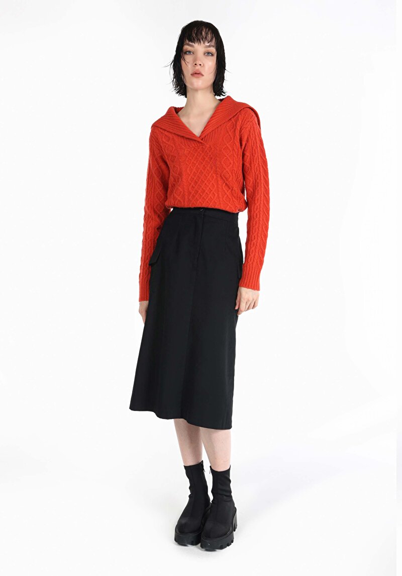 Imagine a Fusta Midi Flat Button Fusta Neagră Pentru Femei