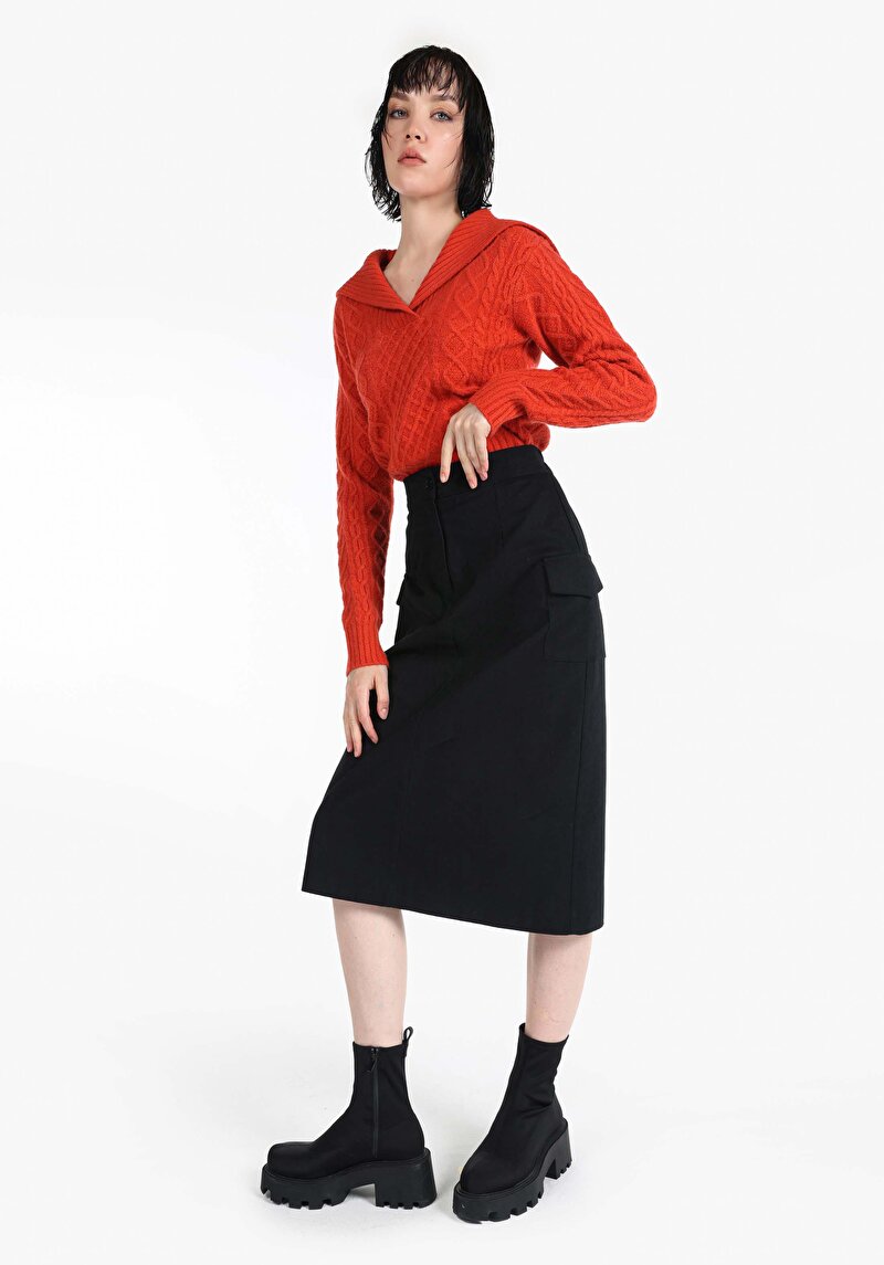 Imagine a Fusta Midi Flat Button Fusta Neagră Pentru Femei