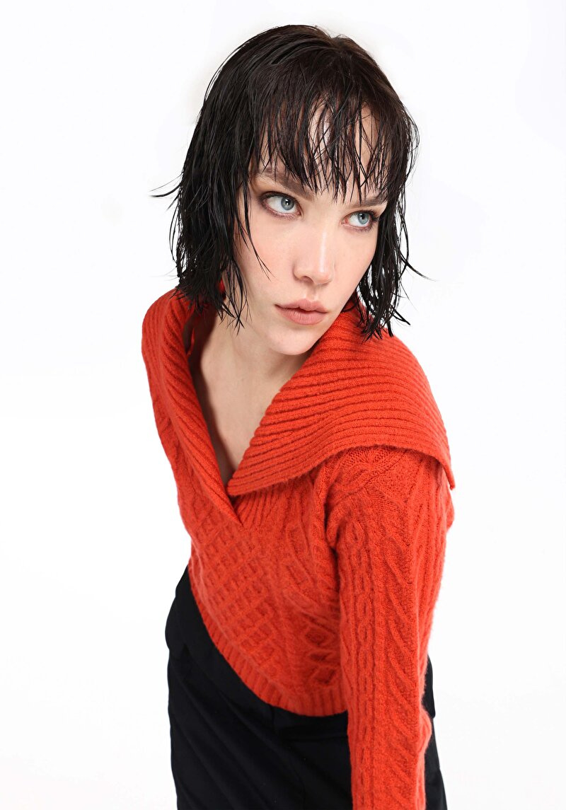 Afișați detalii pentru Slim Fit Șal Guler Drept Pulover Visiniu Pentru Femei