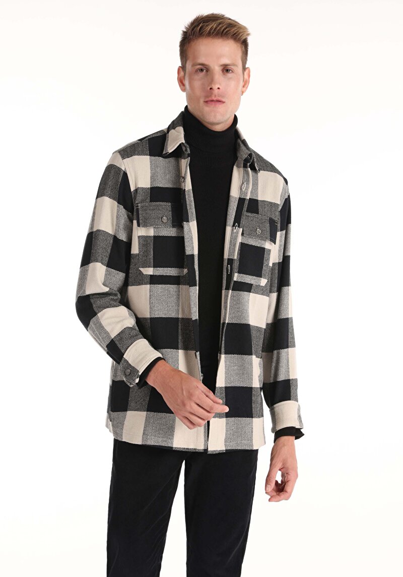 Imagine a Cămașă Comfort Fit Neck Checkered Cămașă Neagră Cu Mânecă Lungă Pentru Bărbați