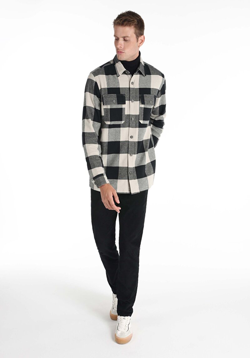 Afișați detalii pentru Cămașă Comfort Fit Neck Checkered Cămașă Neagră Cu Mânecă Lungă Pentru Bărbați