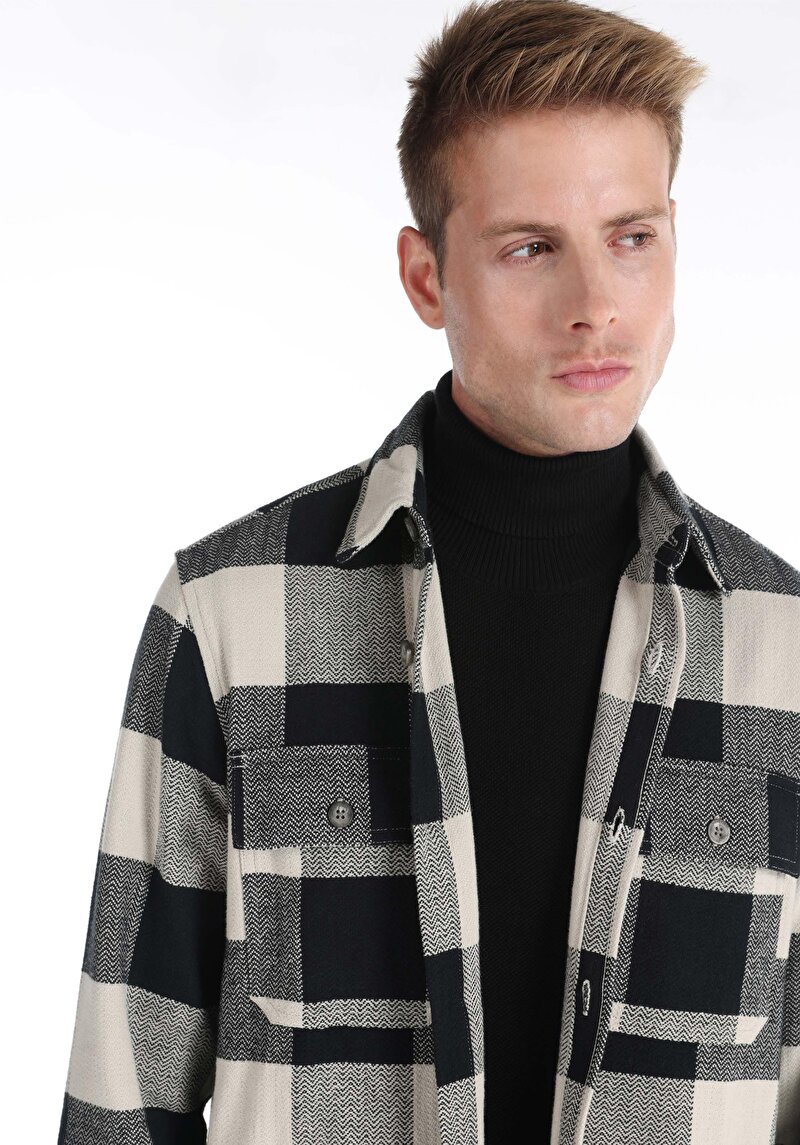 Afișați detalii pentru Cămașă Comfort Fit Neck Checkered Cămașă Neagră Cu Mânecă Lungă Pentru Bărbați