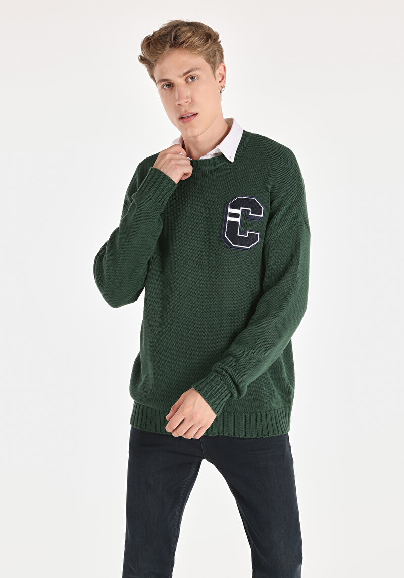 Imagine a Pulover Verde Pentru Bărbați Comfort Fit Round Neck Jacquard