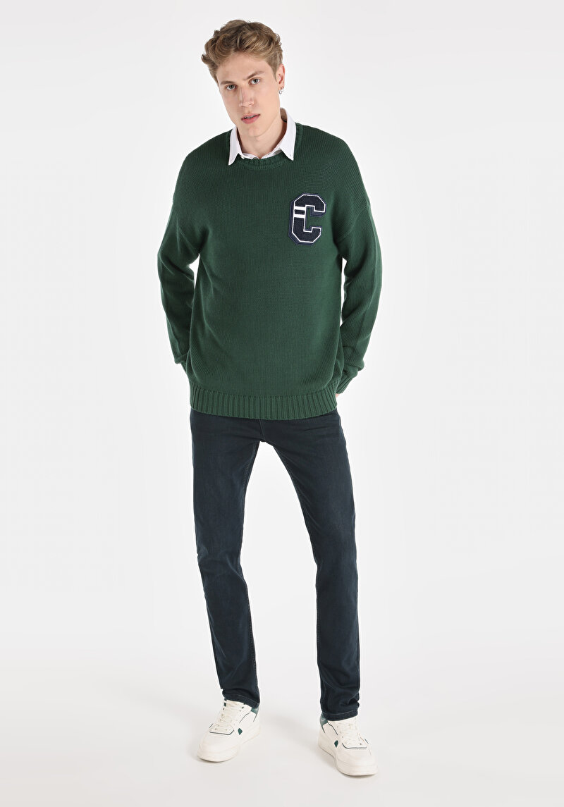 Afișați detalii pentru Pulover Verde Pentru Bărbați Comfort Fit Round Neck Jacquard