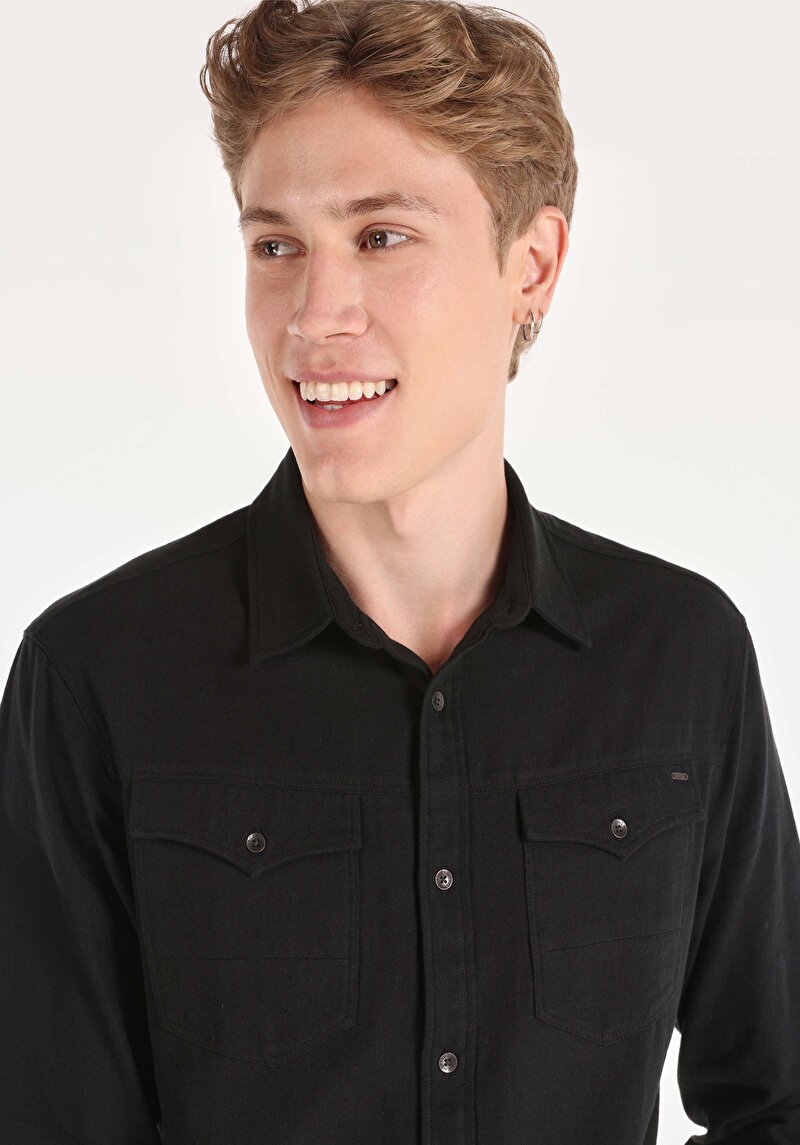 Afișați detalii pentru Cămașă Cu Gât Drept Cămașă Neagră Cu Mânecă Lungă Pentru Bărbați