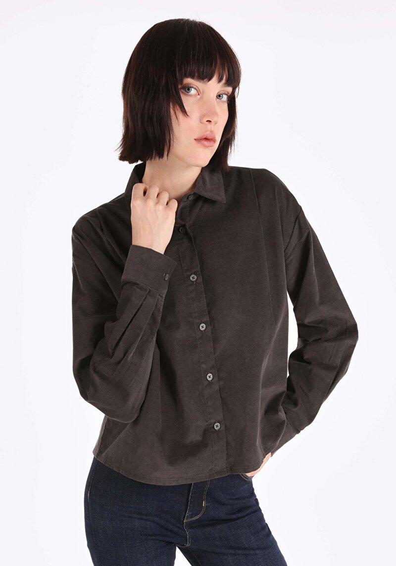Imagine a Cămașă Relaxed Fit Neck Drept Cămașă Antracit Manșon Lung Pentru Femei