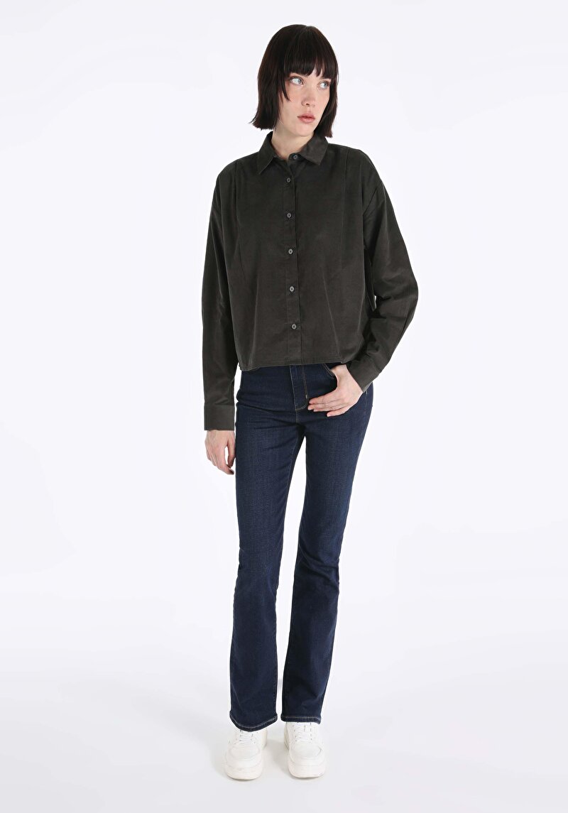 Imagine a Cămașă Relaxed Fit Neck Drept Cămașă Antracit Manșon Lung Pentru Femei