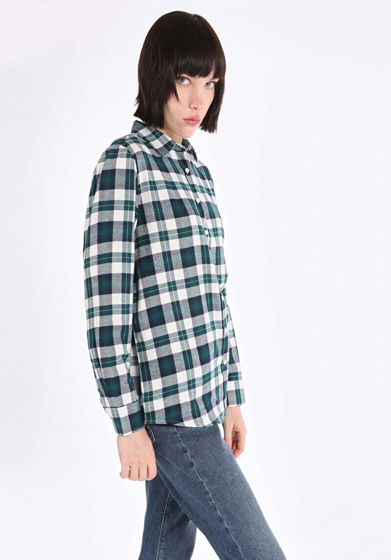 Imagine a Regular Fit Cămașă Gât În Carouri Cămașă Verde Cu Mânecă Lungă Pentru Femei