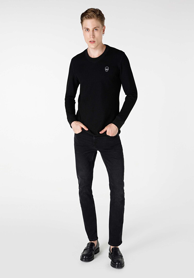 Afișați detalii pentru Tricou Cu Maneca Lunga De Barbati Negru Regular Fit  Cl1065597