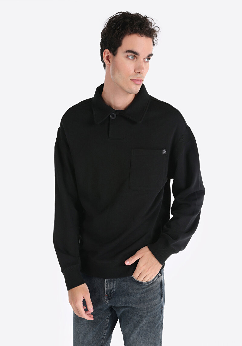 Imagine a Confort Fit Polo Neck Drept Bărbați Negru Tricou Cu Mânecă Lungă