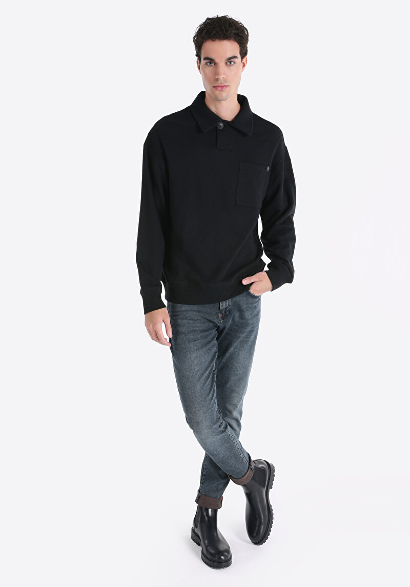 Imagine a Confort Fit Polo Neck Drept Bărbați Negru Tricou Cu Mânecă Lungă