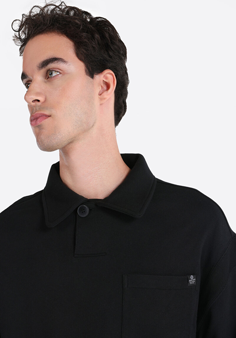 Afișați detalii pentru Confort Fit Polo Neck Drept Bărbați Negru Tricou Cu Mânecă Lungă