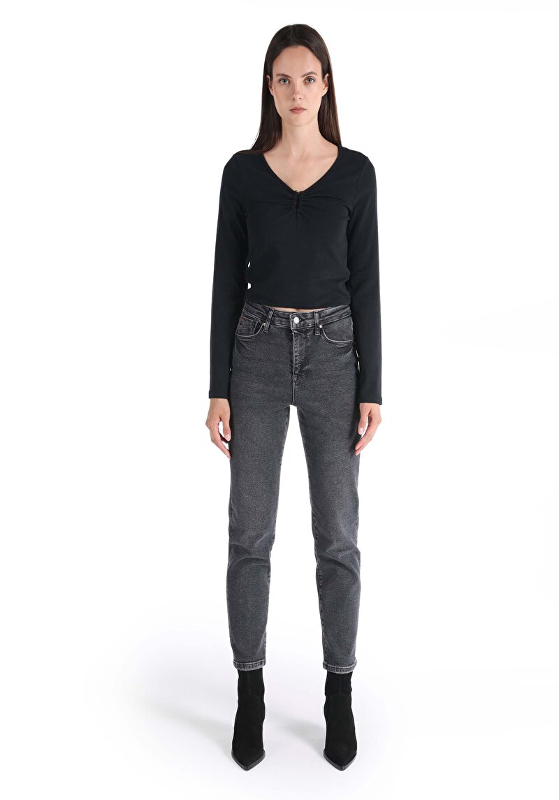 Imagine a Slim Fit V-Neck Drept Tricou Negru Manșon Lung Pentru Femei