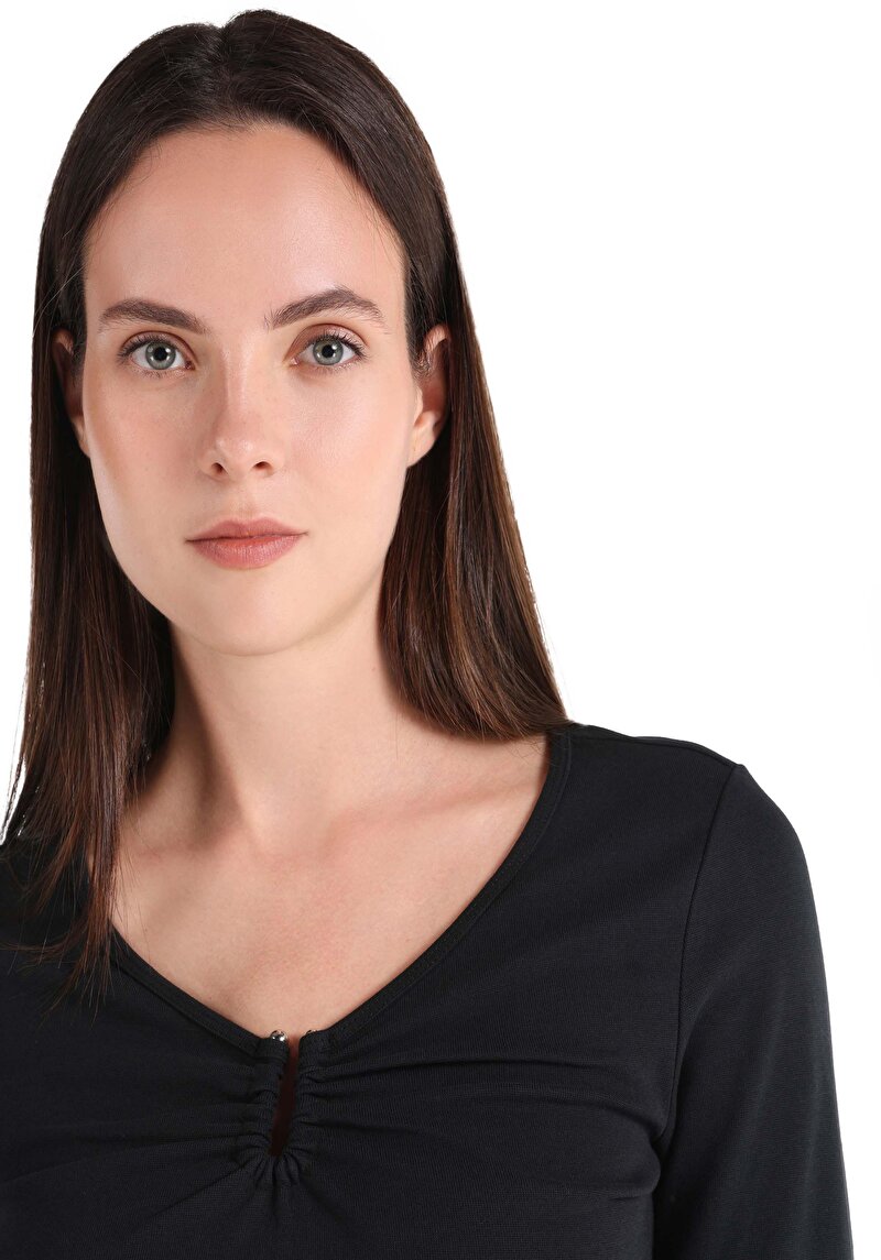 Afișați detalii pentru Slim Fit V-Neck Drept Tricou Negru Manșon Lung Pentru Femei