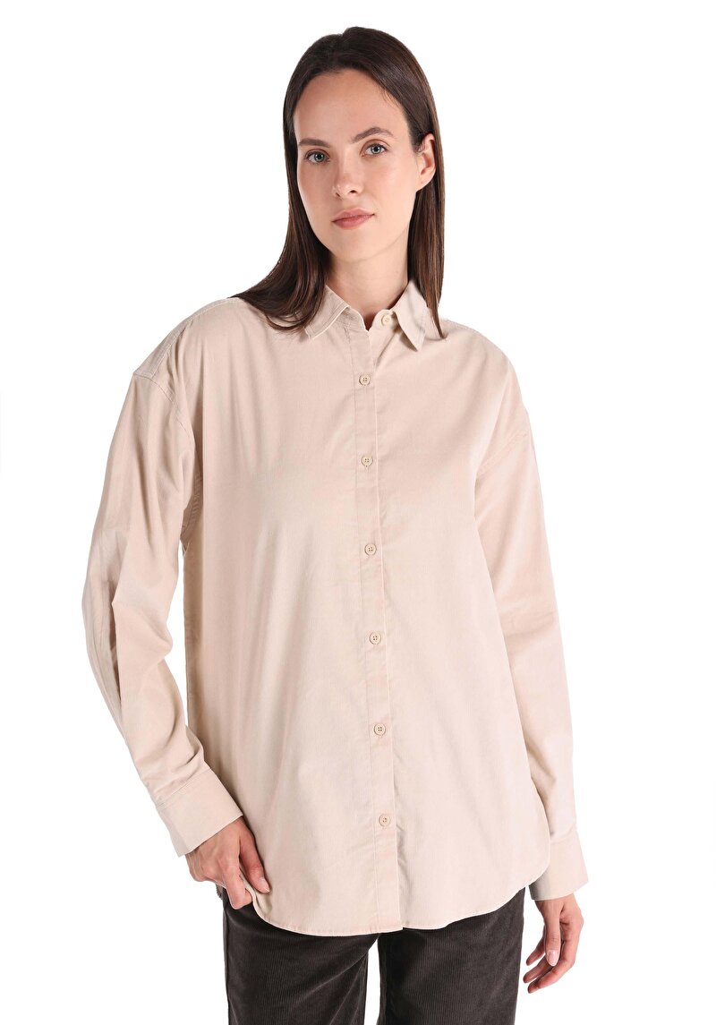 Imagine a Cămașă Regular Fit Decolteu Drept Cămașă Bej Manșon Lung Pentru Femei