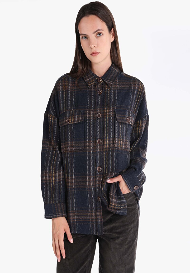 Imagine a Cămașă Cu Croială Relaxată Cămașă În Carouri Pentru Femei Bleumarin Cămașă Cu Mânecă Lungă