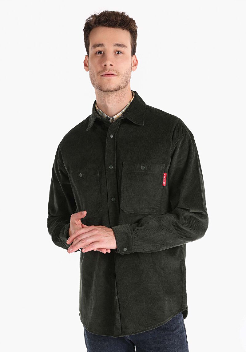 Imagine a Cămașă Comfort Fit Neck Drept Cămașă Verde Manșon Lung Bărbați