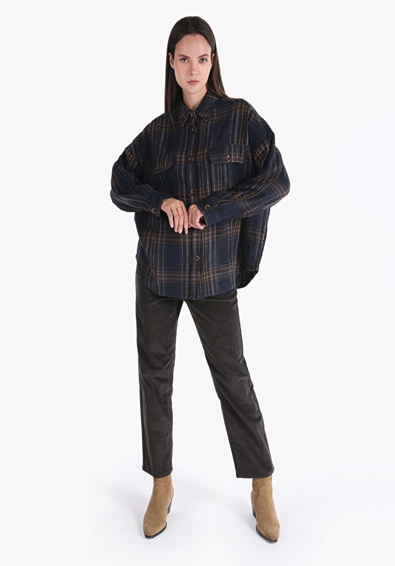 Imagine a Cămașă Cu Croială Relaxată Cămașă În Carouri Pentru Femei Bleumarin Cămașă Cu Mânecă Lungă