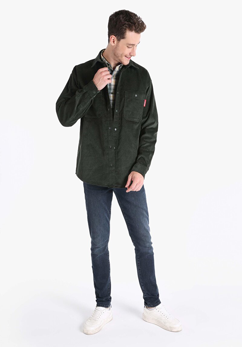 Afișați detalii pentru Cămașă Comfort Fit Neck Drept Cămașă Verde Manșon Lung Bărbați