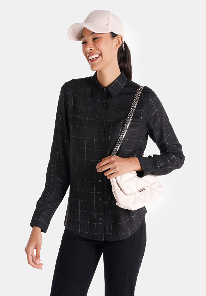 Imagine a Cămașă Slim Fit Cămașă În Carouri Cămașă Neagră Cu Mânecă Lungă Pentru Femei