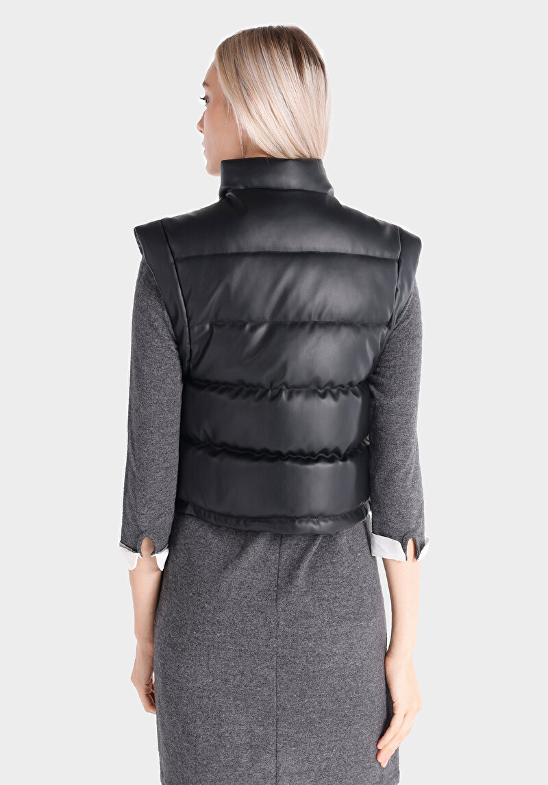 Imagine a Regular Fit Stand-Up Collar Fermoar Căptușit Vestă Neagră Pentru Femei