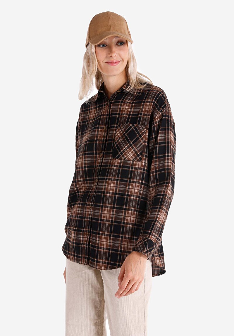 Imagine a Cămașă Cu Gât În Carouri Cămașă Maro Cu Mânecă Lungă Pentru Femei