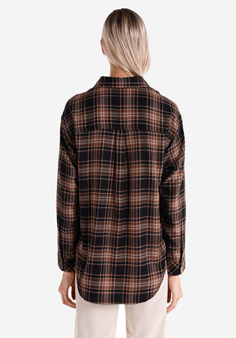 Imagine a Cămașă Cu Gât În Carouri Cămașă Maro Cu Mânecă Lungă Pentru Femei
