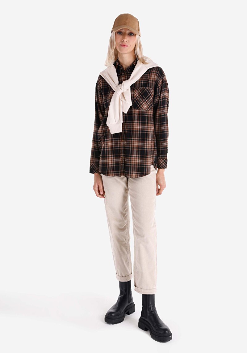 Afișați detalii pentru Cămașă Cu Gât În Carouri Cămașă Maro Cu Mânecă Lungă Pentru Femei