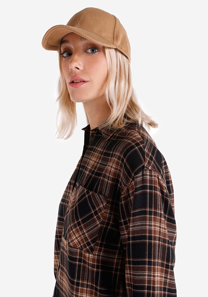 Afișați detalii pentru Cămașă Cu Gât În Carouri Cămașă Maro Cu Mânecă Lungă Pentru Femei