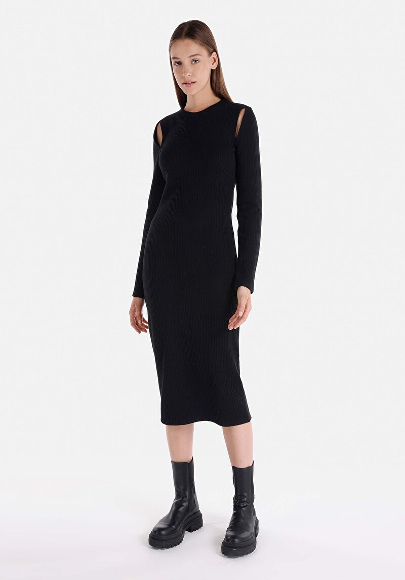 Afișați detalii pentru Rochie Neagră Cu Mânecă Lungă Pentru Femei Slim Fit