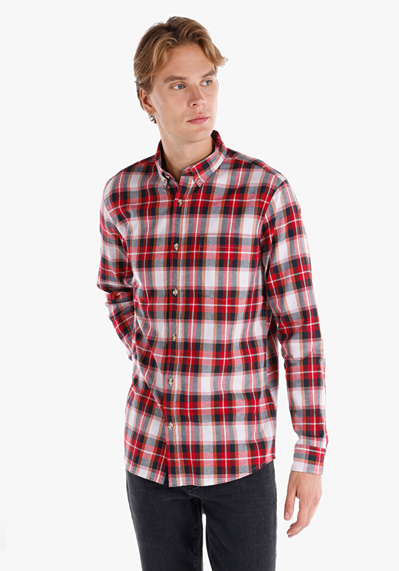 Imagine a Regular Fit Cămașă Gât În Carouri Cămașă Roșie Cu Mânecă Lungă Pentru Bărbați