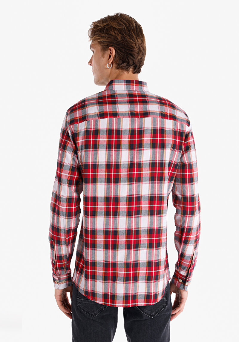 Afișați detalii pentru Regular Fit Cămașă Gât În Carouri Cămașă Roșie Cu Mânecă Lungă Pentru Bărbați