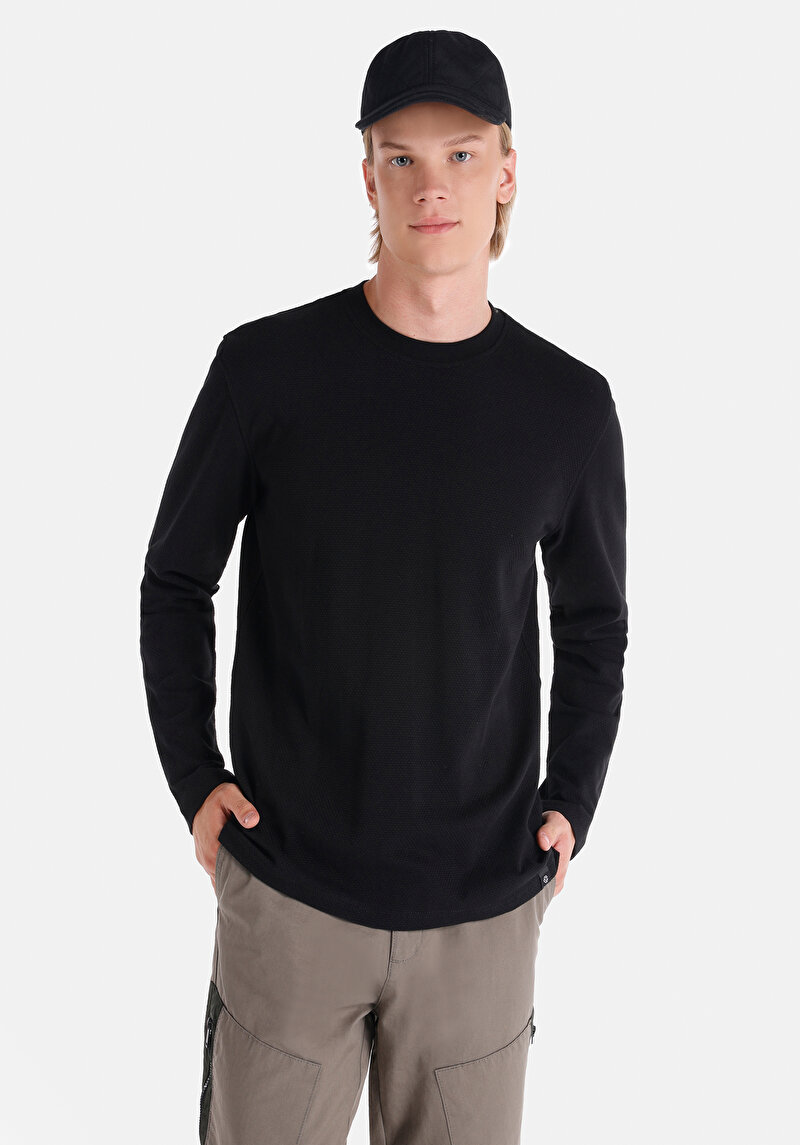 Imagine a Regular Fit Round Neck Jacquard Tricou Negru Cu Mânecă Lungă Pentru Bărbați