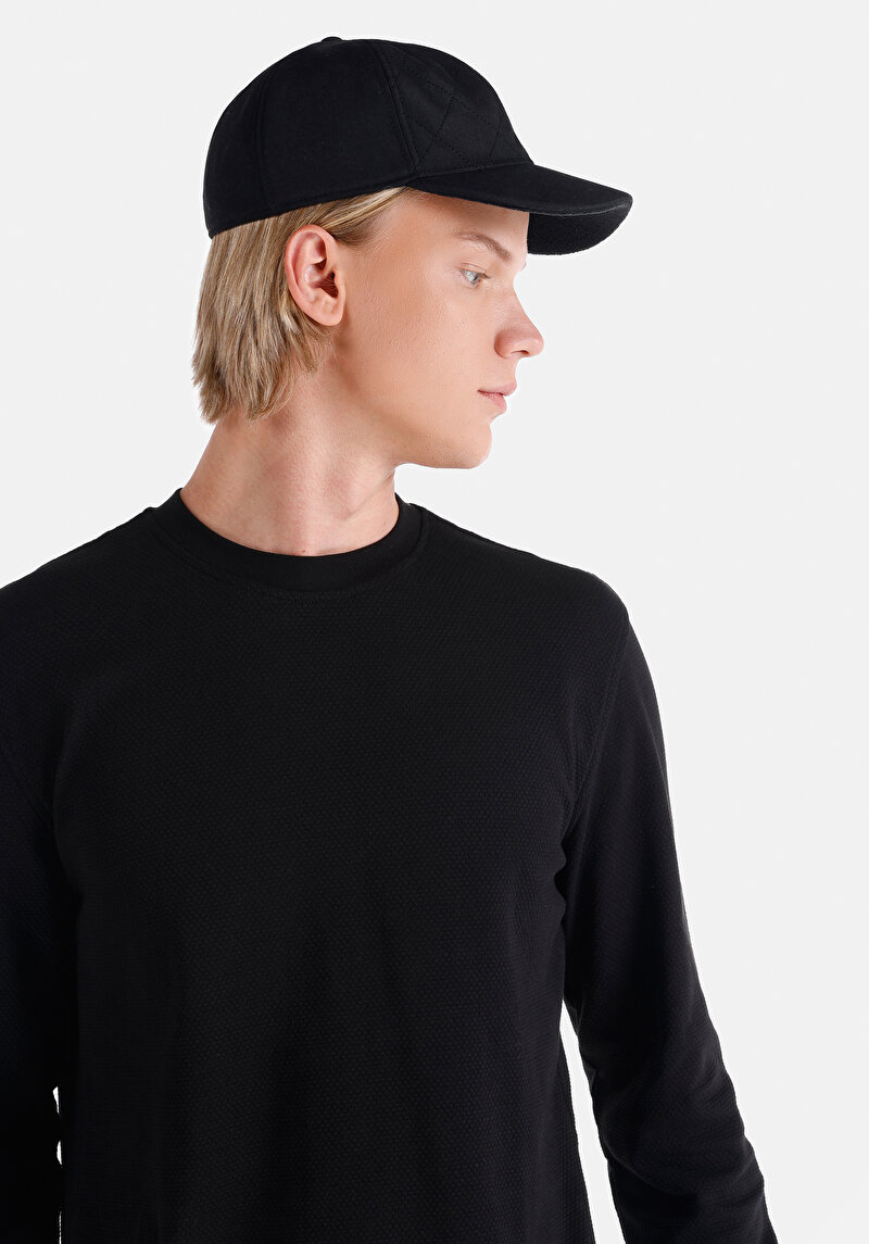 Afișați detalii pentru Regular Fit Round Neck Jacquard Tricou Negru Cu Mânecă Lungă Pentru Bărbați