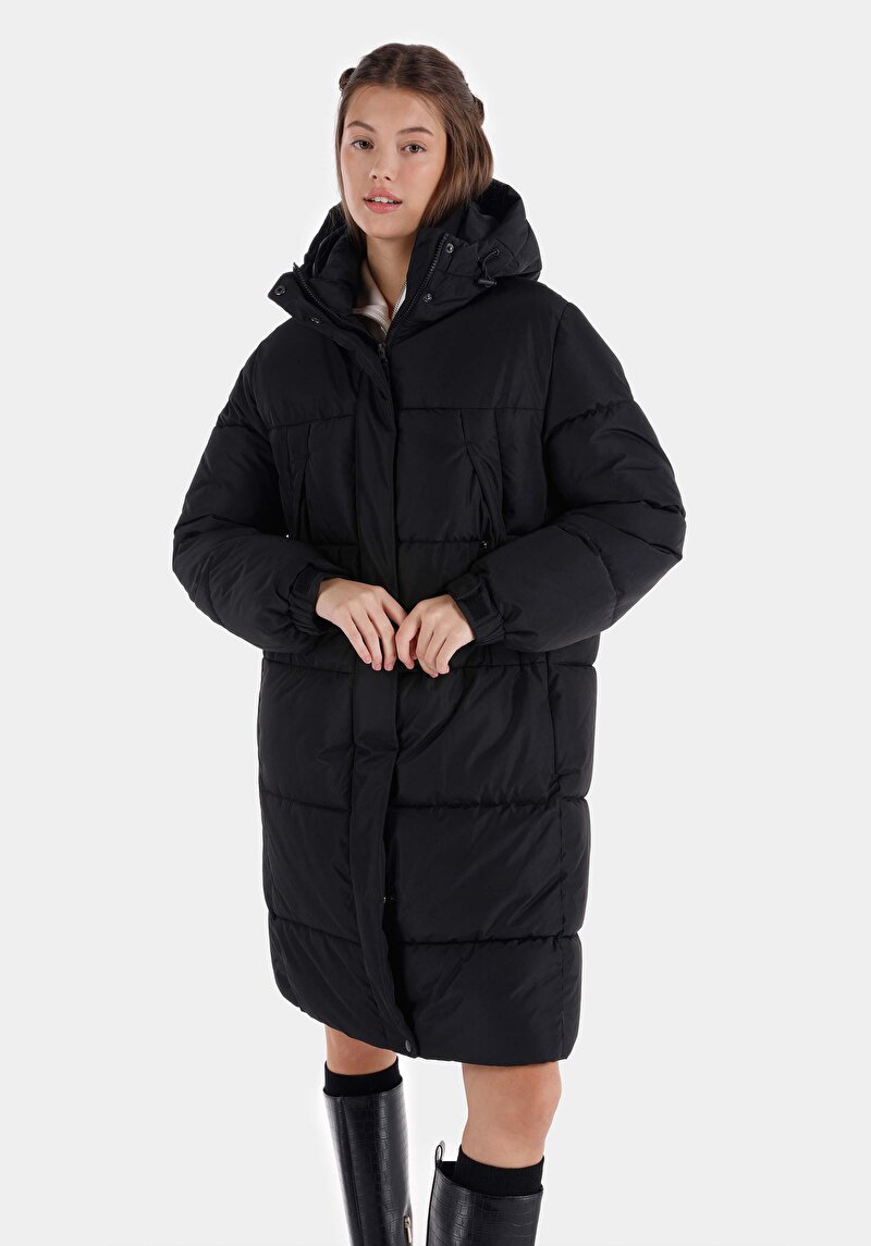 Imagine a Regular Fit Cu Glugă Cu Fermoar Căptușit Pentru Femei Palton Negru
