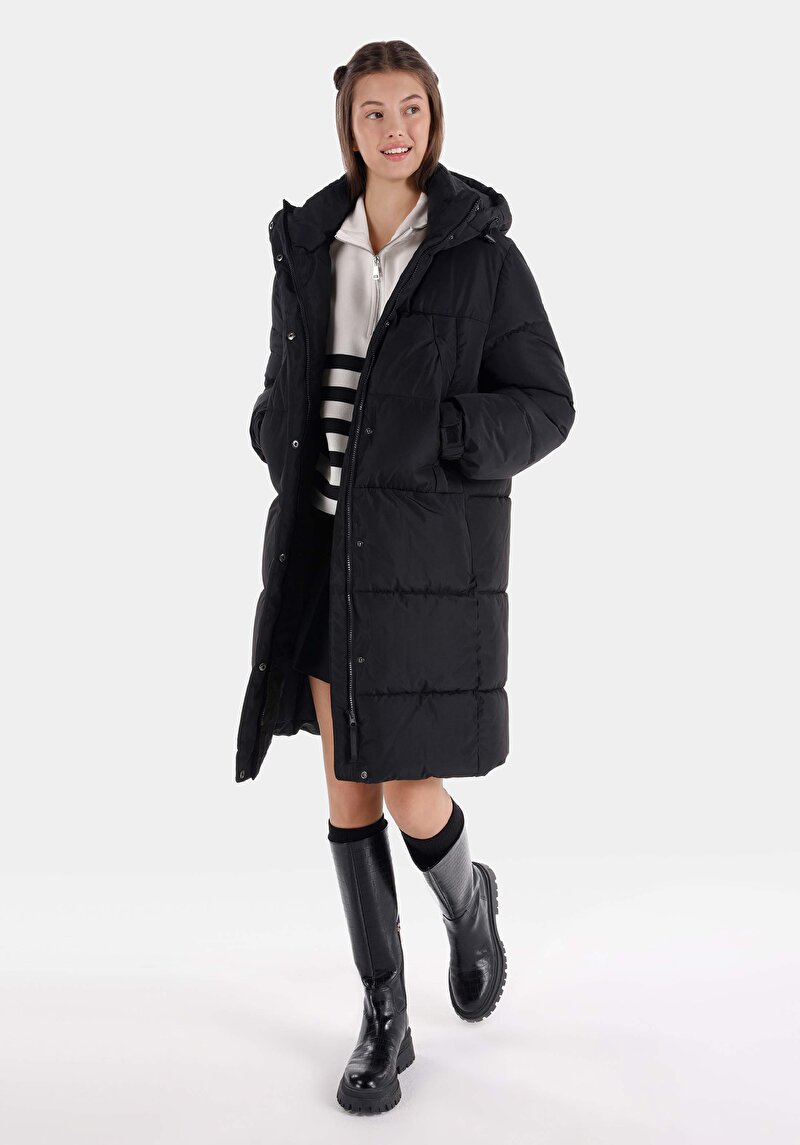 Afișați detalii pentru Regular Fit Cu Glugă Cu Fermoar Căptușit Pentru Femei Palton Negru
