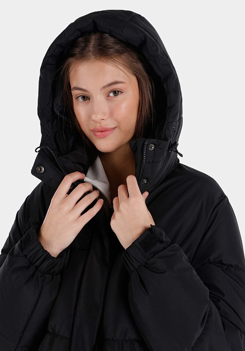 Afișați detalii pentru Regular Fit Cu Glugă Cu Fermoar Căptușit Pentru Femei Palton Negru
