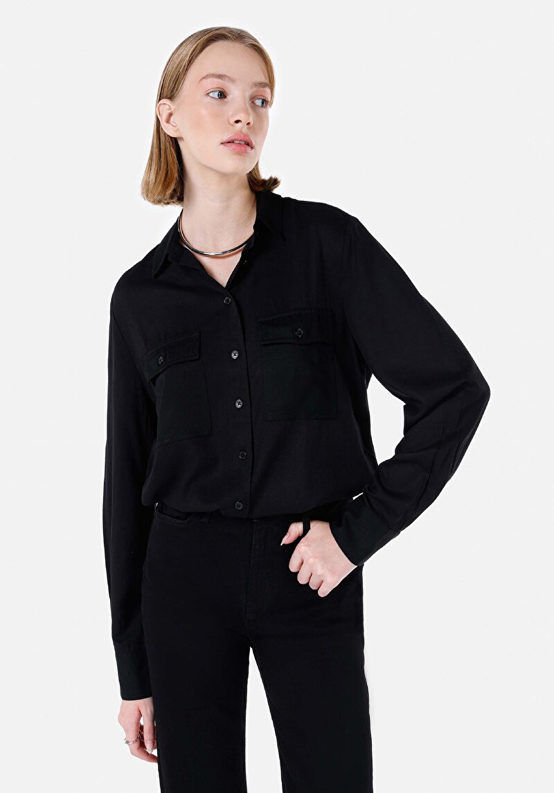 Imagine a Cămașă Cu Gât Pentru Femei Cămașă Neagră Cu Mânecă Lungă