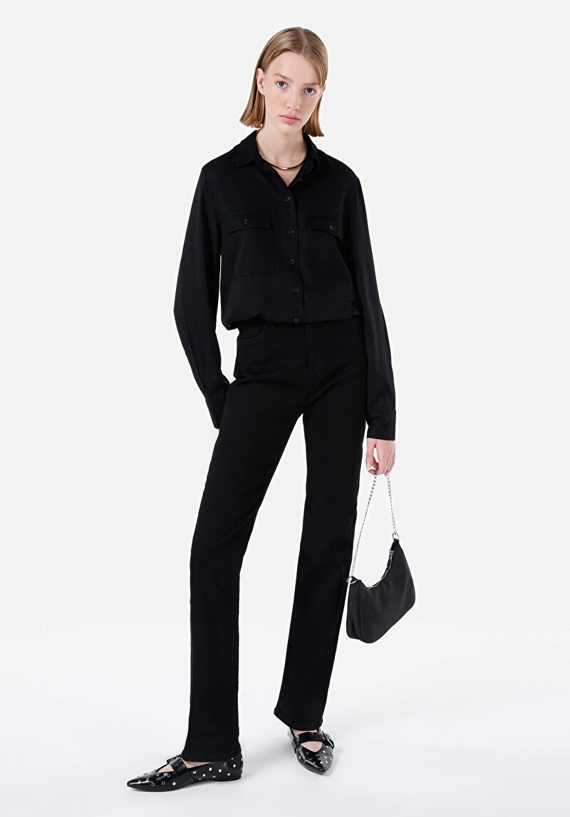 Afișați detalii pentru Cămașă Cu Gât Pentru Femei Cămașă Neagră Cu Mânecă Lungă