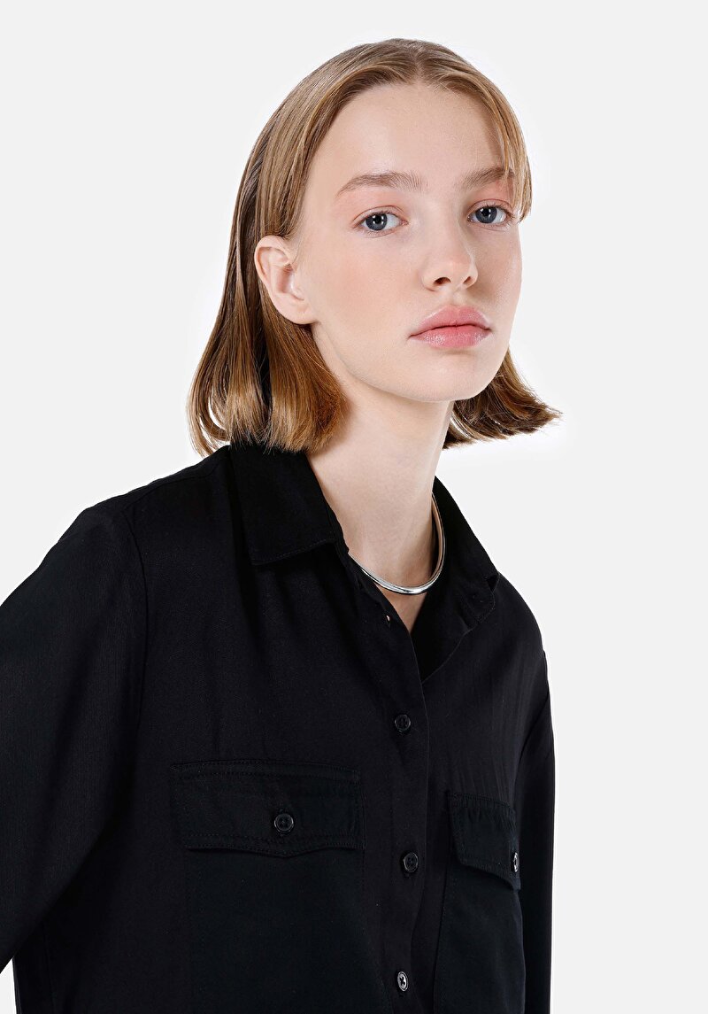 Afișați detalii pentru Cămașă Cu Gât Pentru Femei Cămașă Neagră Cu Mânecă Lungă