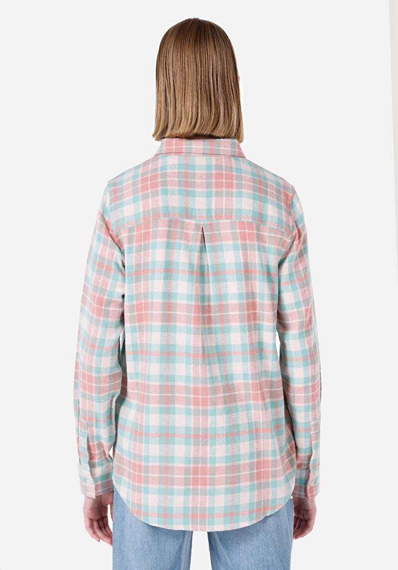 Imagine a Regular Fit Cămașă Gât În Carouri Cămașă Verde Cu Mânecă Lungă Pentru Femei