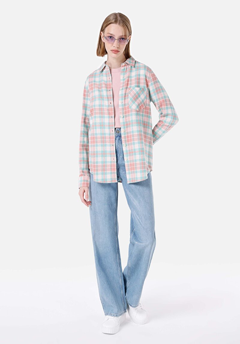 Afișați detalii pentru Regular Fit Cămașă Gât În Carouri Cămașă Verde Cu Mânecă Lungă Pentru Femei