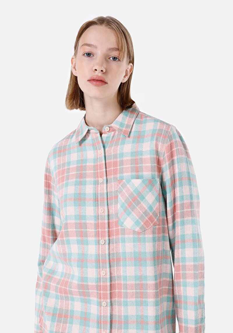 Afișați detalii pentru Regular Fit Cămașă Gât În Carouri Cămașă Verde Cu Mânecă Lungă Pentru Femei