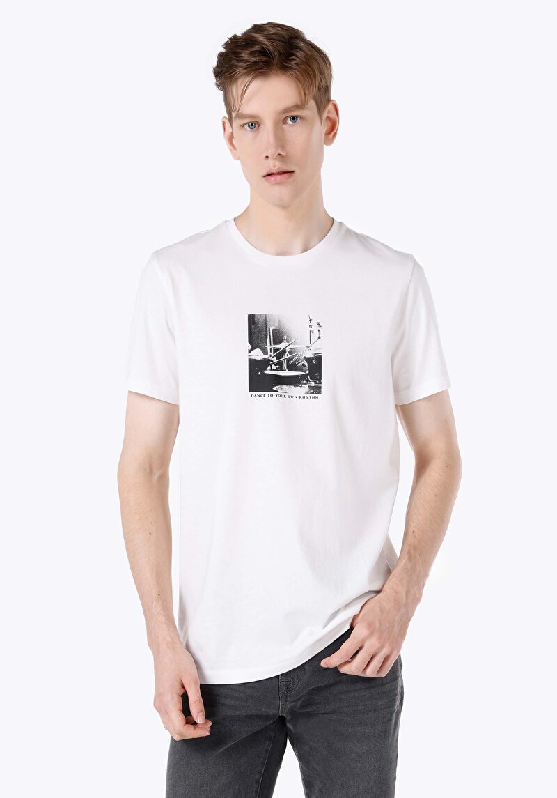 Imagine a Regular Fit Round Neck Drept Bărbați Alb Mânecă Scurtă Tricou