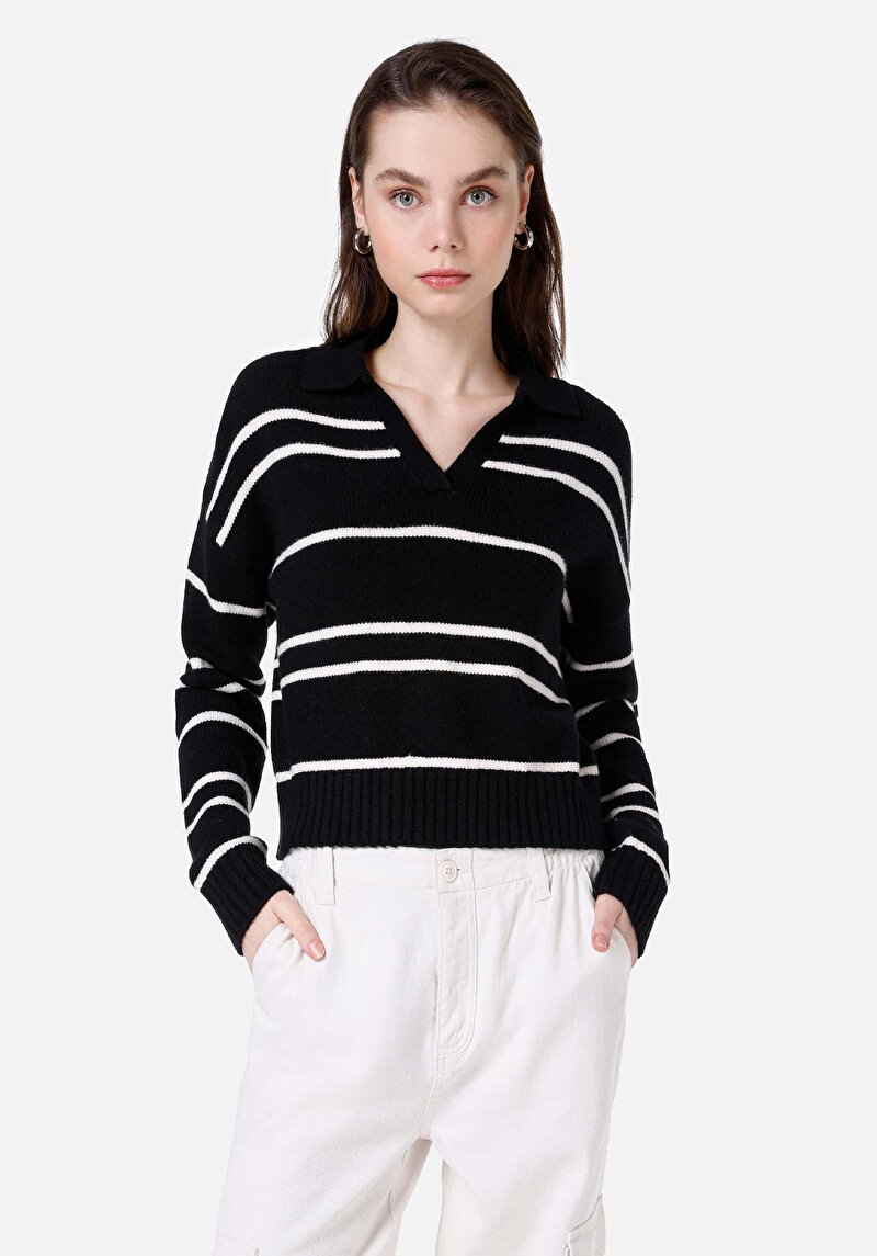 Imagine a Regular Fit Polo Collar Striped Pulover Negru Pentru Femei
