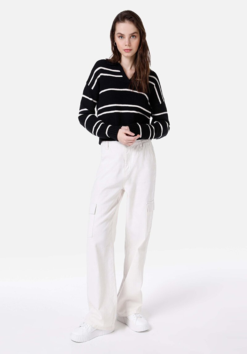 Afișați detalii pentru Regular Fit Polo Collar Striped Pulover Negru Pentru Femei