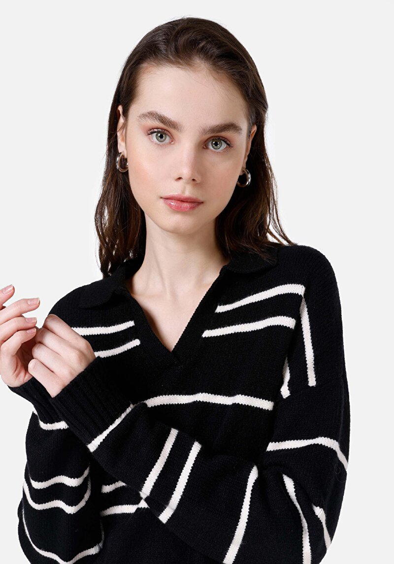 Afișați detalii pentru Regular Fit Polo Collar Striped Pulover Negru Pentru Femei