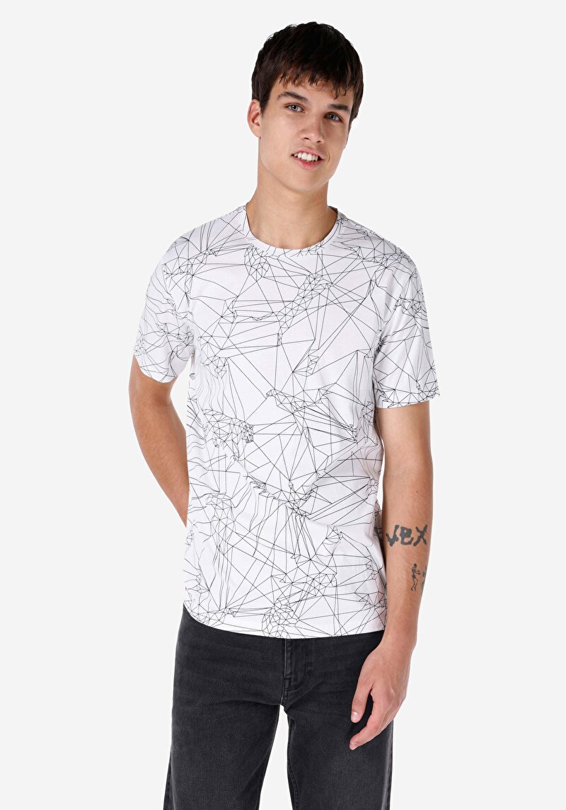 Imagine a Regular Fit Round Neck Printed Tricou Alb Cu Mânecă Scurtă Pentru Bărbați