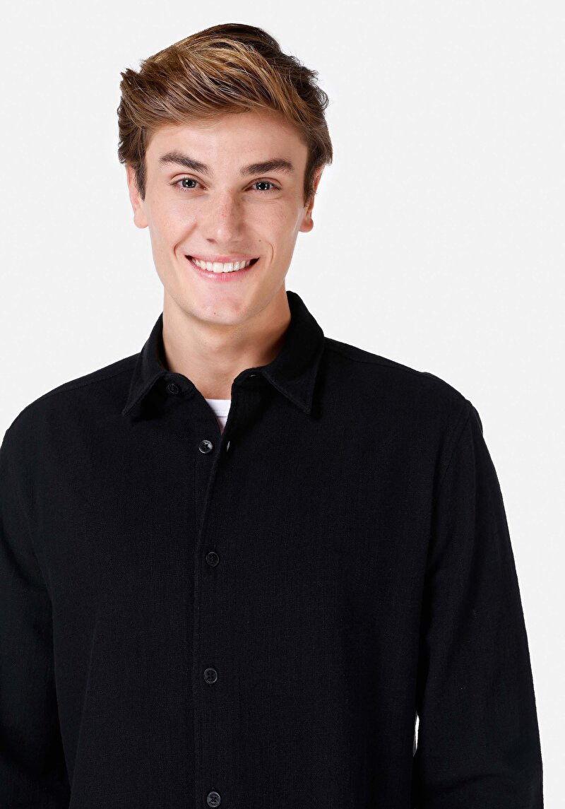 Afișați detalii pentru Cămașă Cu Gât Drept Cămașă Neagră Cu Mânecă Lungă Pentru Bărbați