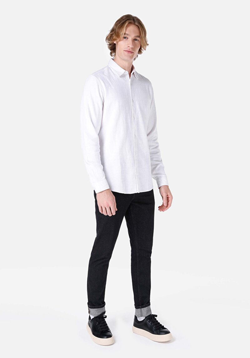 Afișați detalii pentru Cămașă Regular Fit Gât Drept Bărbați Alb Cămașă Cu Manșon Lung